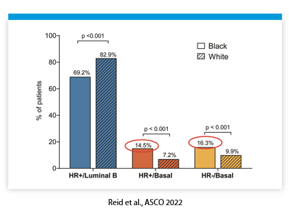 Black women have a significantly higher proportion of High Risk HR+/Basal and HR-/Basal tumors compared to White women